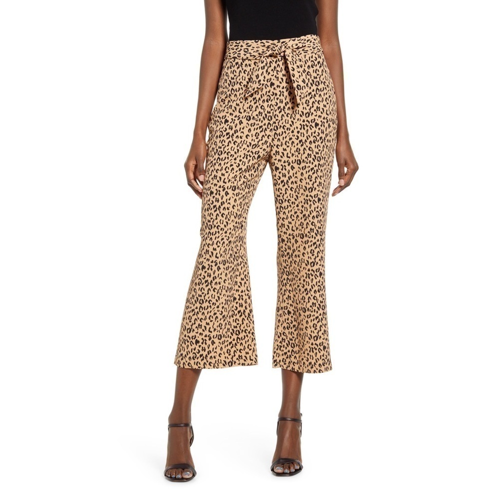 Leith‎ Leopard Print Tie Front Crop Flare Pants Tan Size M